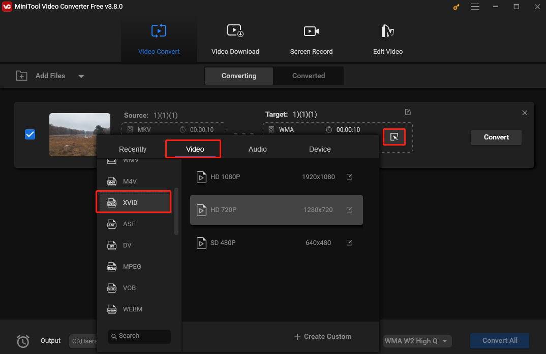 Choose Xvid as the output format under the Video tab