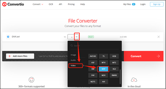 Select MXF as the output format in Convertio for format conversion