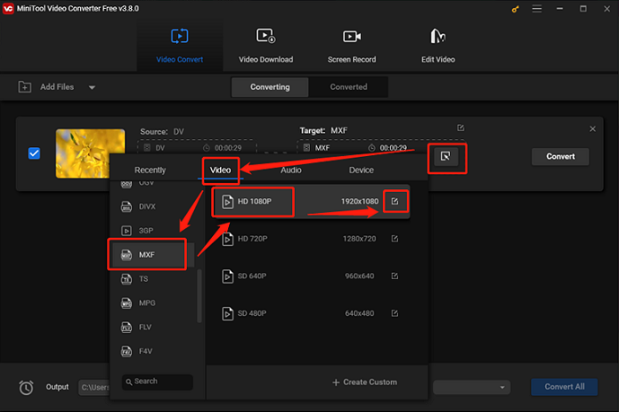 Choose MXF as the output format for conversion in MiniTool Video Converter