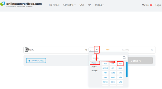 Select ASF as the output format for conversion in OnlineConvertFree