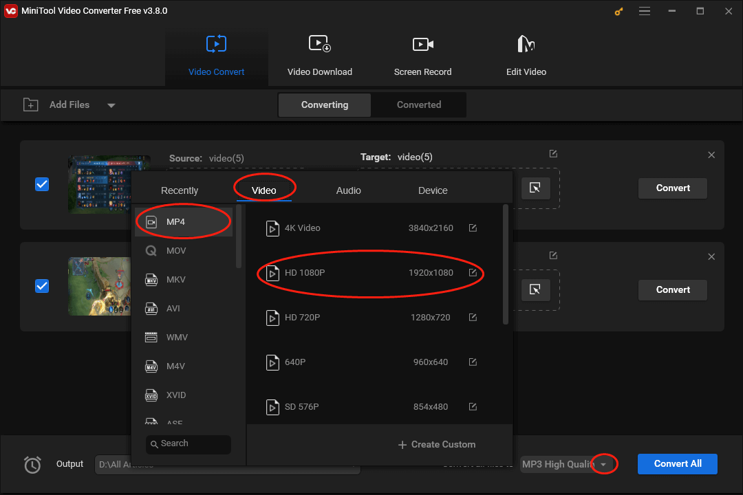 Expand the Convert all files to option and set MP4 HD 1080P as the output format