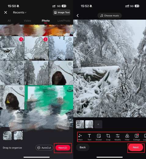 Choose the photos or videos you want to share on RedNote, edit them with the built-in editing feature of RedNote, and tap on Next