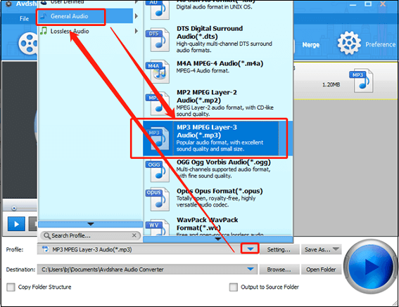 Select MP3 as the output format in Avdshare Audio Converter for conversion