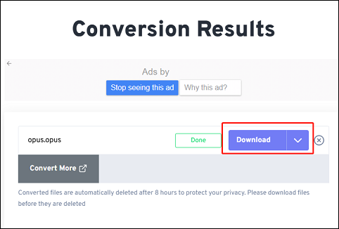 Click the Download button in FreeConvert to save the converted file to the local folder