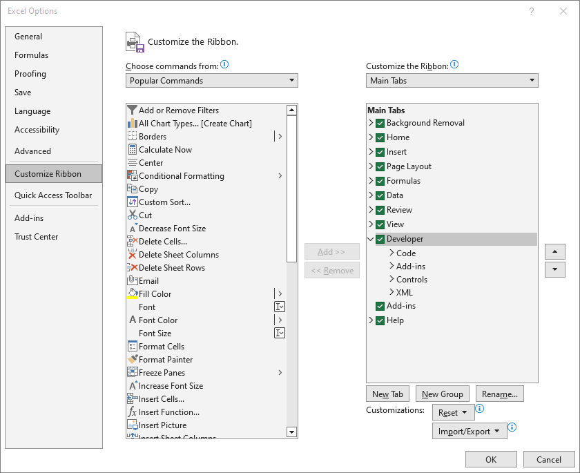 click Customize Ribbon, check the box next to Developer under Main Tabs, and click OK to enable Developer on Excel