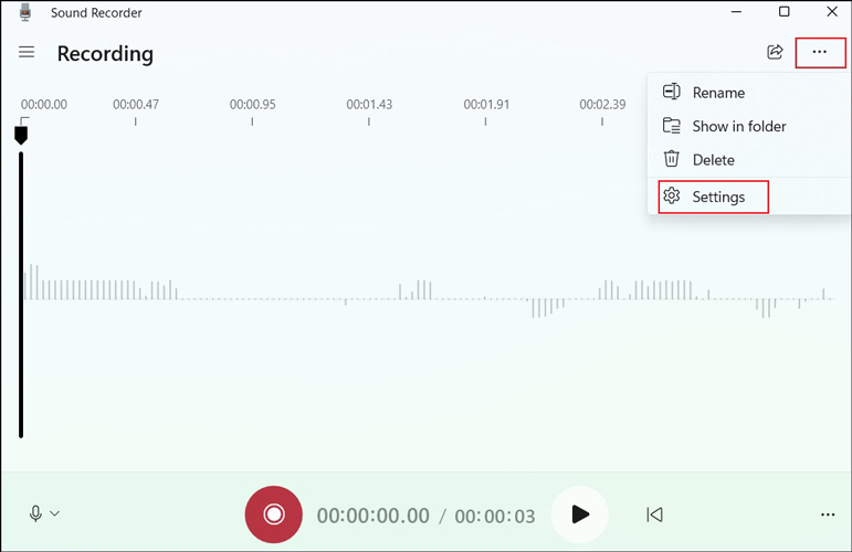 Click the three-dot icon at the top right of to choose Settings option in Sound Recorder