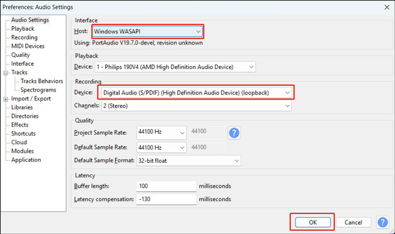 Set Host as Windows WASAPI and choose the default playback device of your computer in Audacity