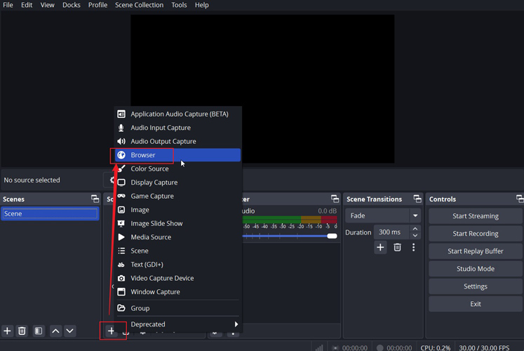 Click the plus icon in the Sources section and choose the Browser option in OBS