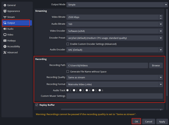 Click the Settings button and go to the Output tab to customize the recording settings in OBS