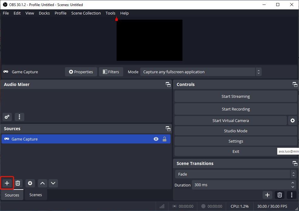 Click the plus icon in the bottom-left corner in the Sources section to choose Game Capture