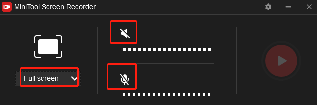 Click Full screen in the MiniTool Screen Recorder panel to customize the recording area and the system Audio and Microphone icons to turn them on/off 