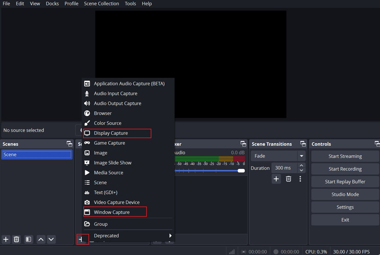 Click the plus icon under the Sources section of OBS to choose Display Capture or Window Capture