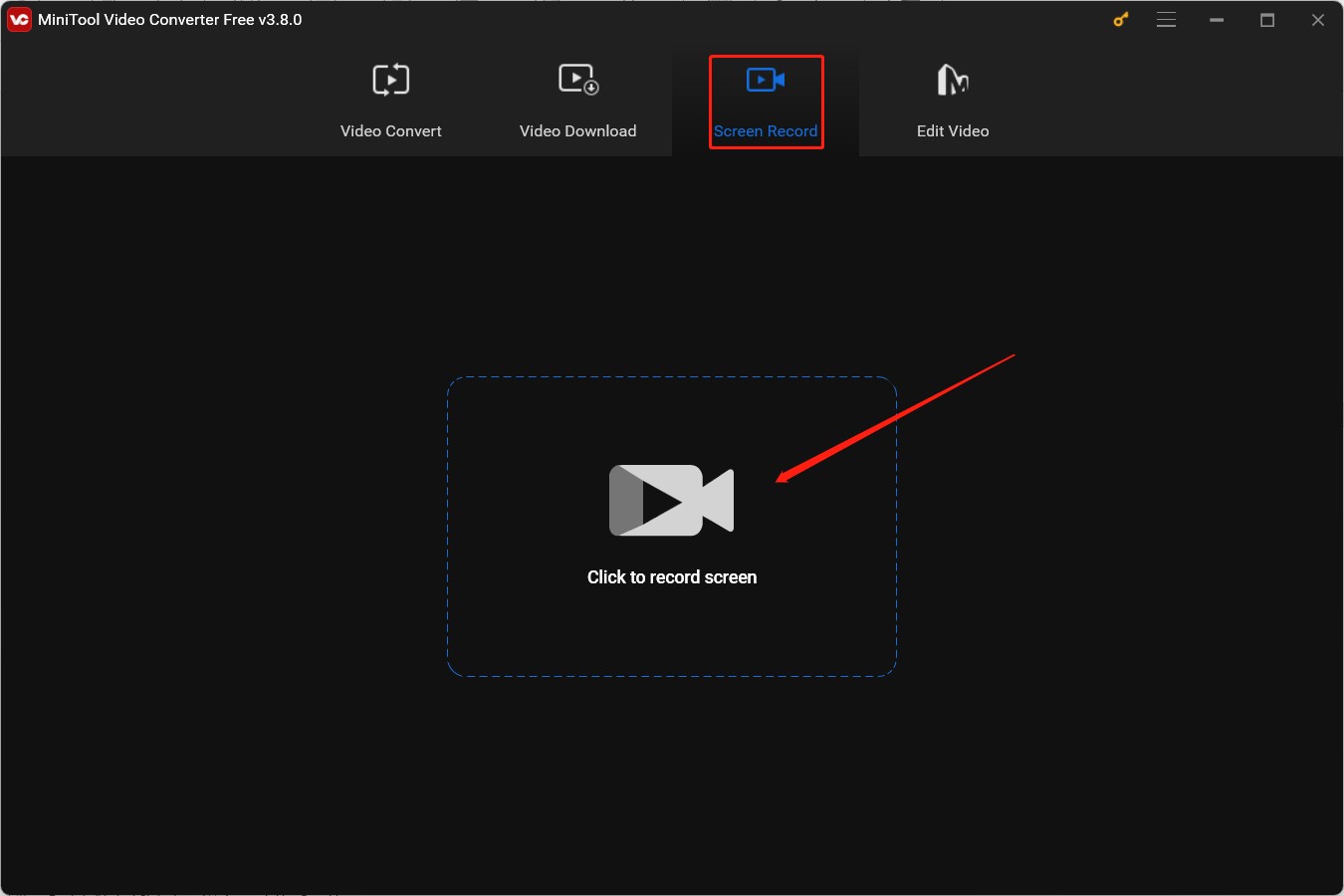 Hit the Click to record screen option under the Screen Record module of MiniTool Video Converter to access MiniTool Screen Recorder