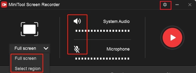 Customize the recording area and audio source as well as click the Settings icon on the MiniTool Screen Recorder panel to adjust other recording settings