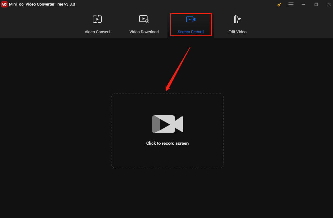 Hit the Click to record screen area under the Screen Record module of MiniTool Video Converter to enable MiniTool Screen Recorder