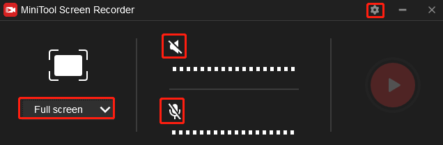 Click Full screen on the MiniTool Screen Recorder panel and choose the Select region option to customize the recording area, click the speaker and microphone icons to turn on/off the system and microphone sounds, and click the Gear icon for more settings.