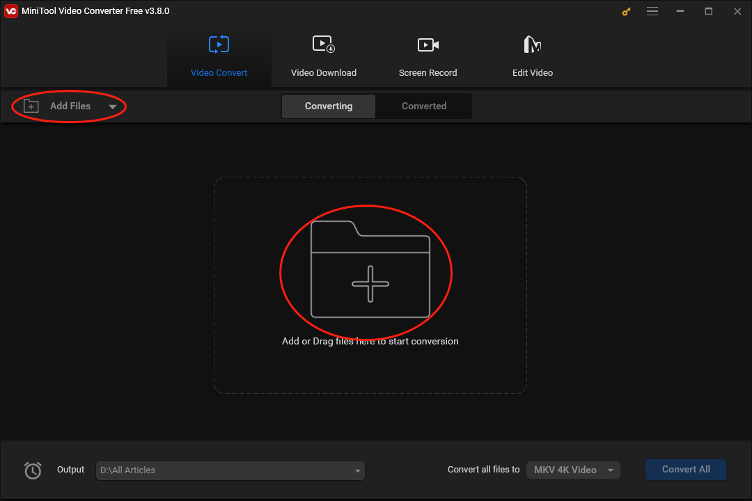 Hit the Add Files button or big plus icon in MiniTool Video Converter to upload your video files