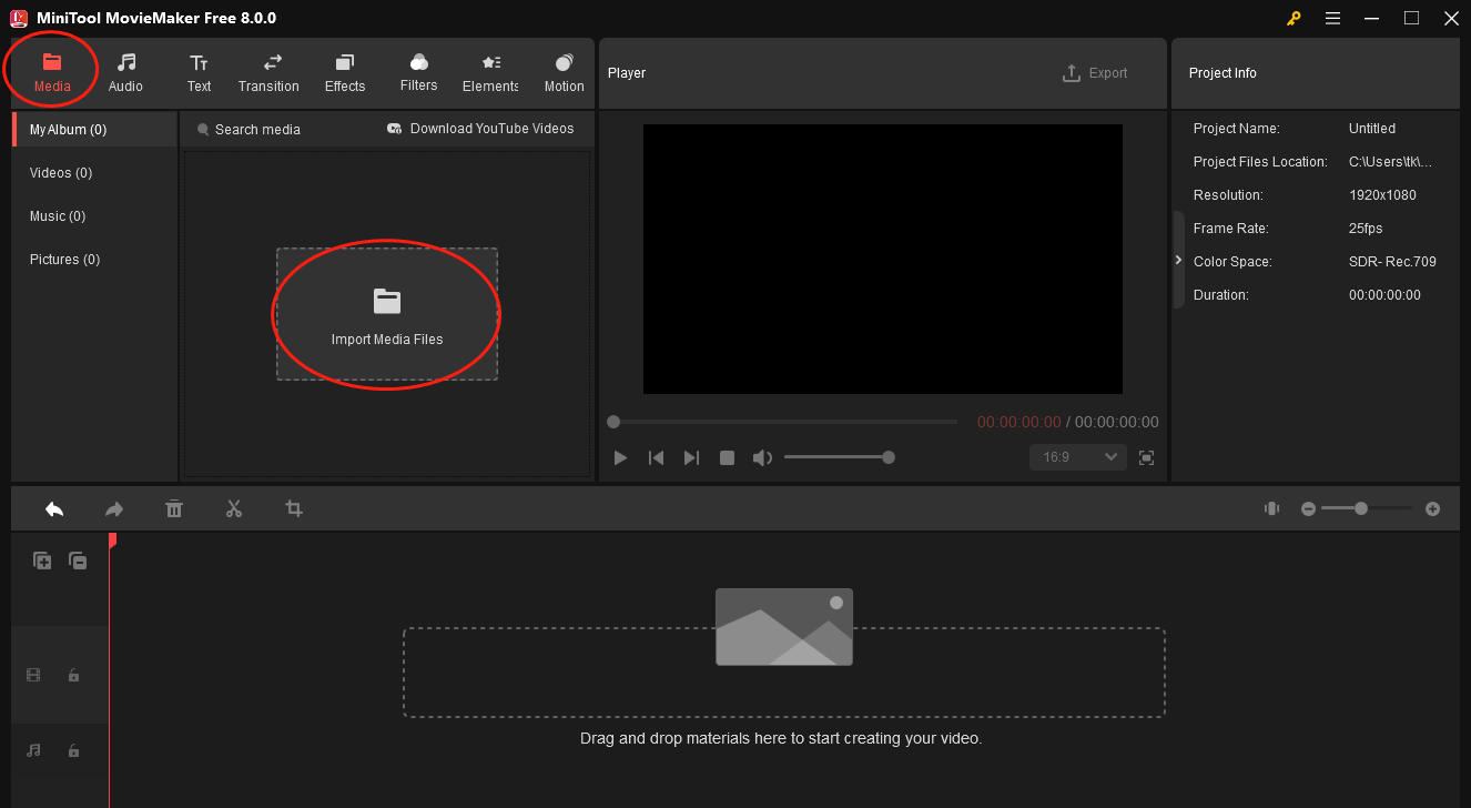 Click on Import Media Files under the Media tab of MiniTool MovieMaker to import your videos