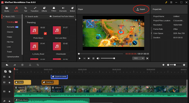 Click on the Export icon in the upper-right corner of MiniTool MovieMaker to access the Export window