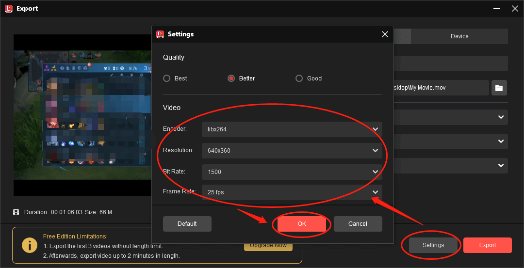 Click on the Settings button in the Export window of MiniTool MovieMaker to access the Settings interface and customize the parameters of your converted file