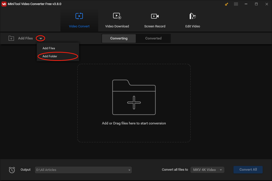 Click on the inverted triangle next to the Add Files button of MiniTool Video Converter and choose Add Folder to import your video files at once