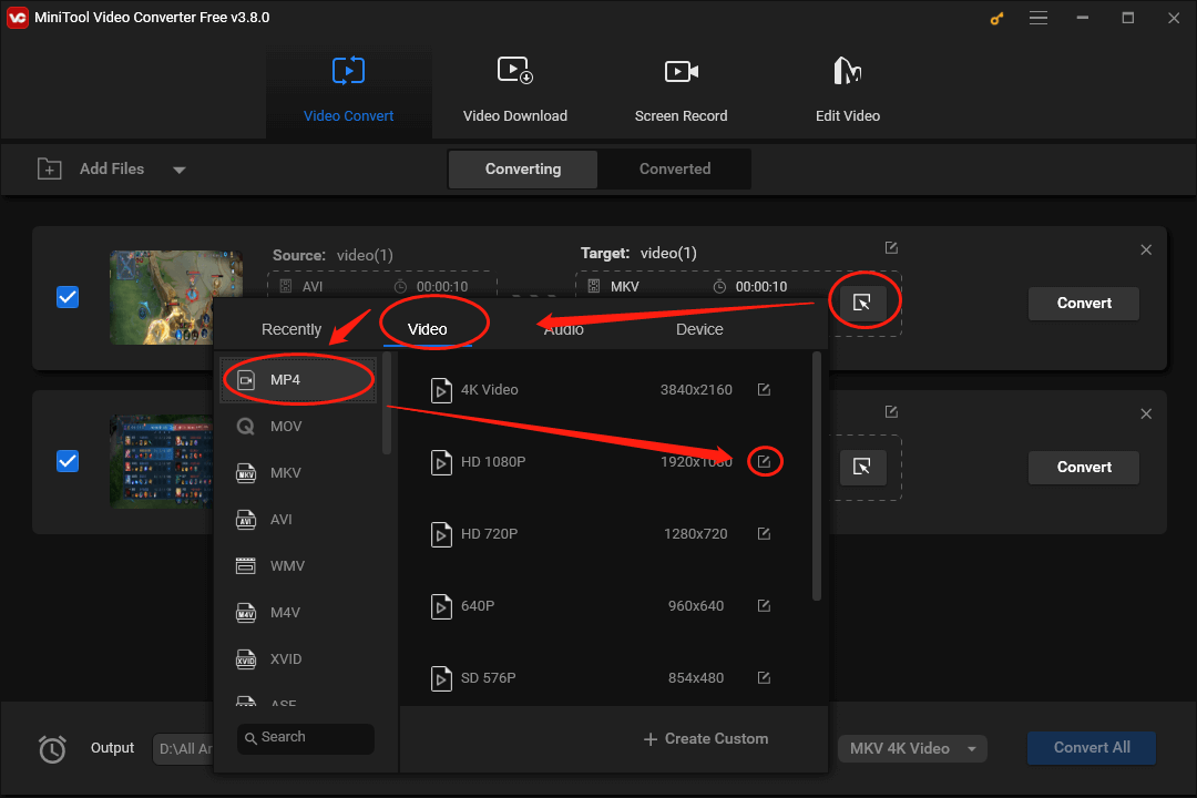 Click on the pen icon in the output format window of MiniTool Video Converter to access the Settings window