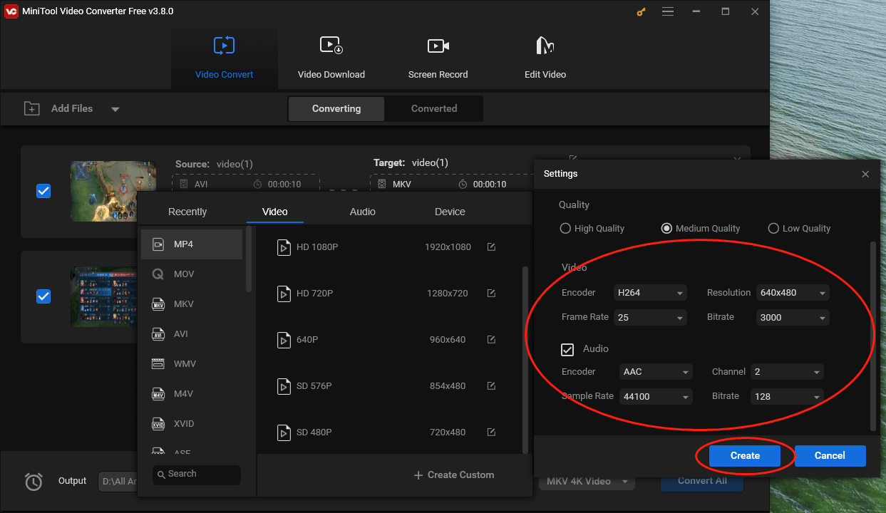 Customize the parameters of your converted files in the Settings window of MiniTool Video Converter and click on Create to confirm your customization