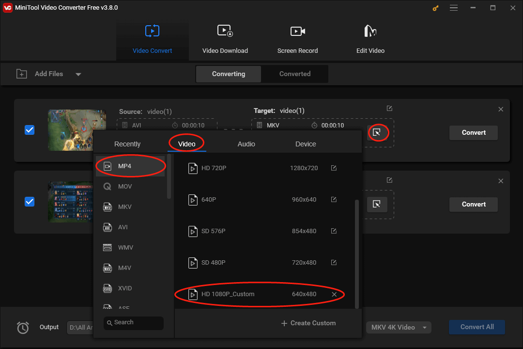 Click MP4 HD 1080P_Custom in the output format window of MiniTool Video Converter to set the output format window for a single file