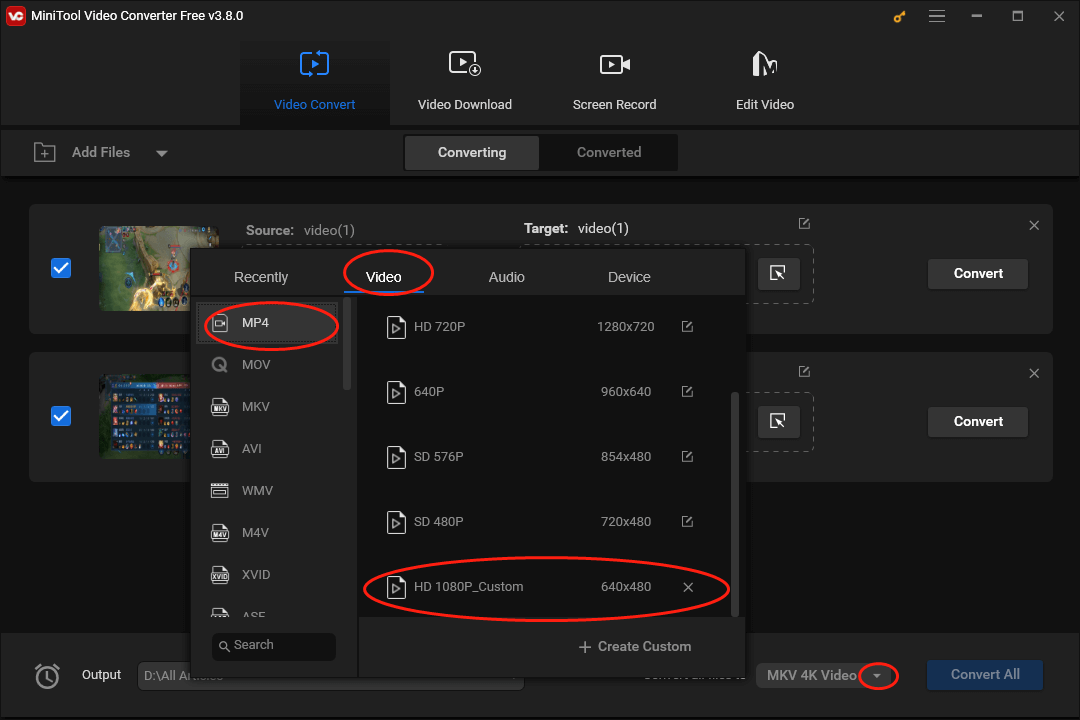 Expand the bottom-right Convert all files to option in MiniTool Video Converter to set MP4 HD 1080P_ Custom a uniform output format of your all video files