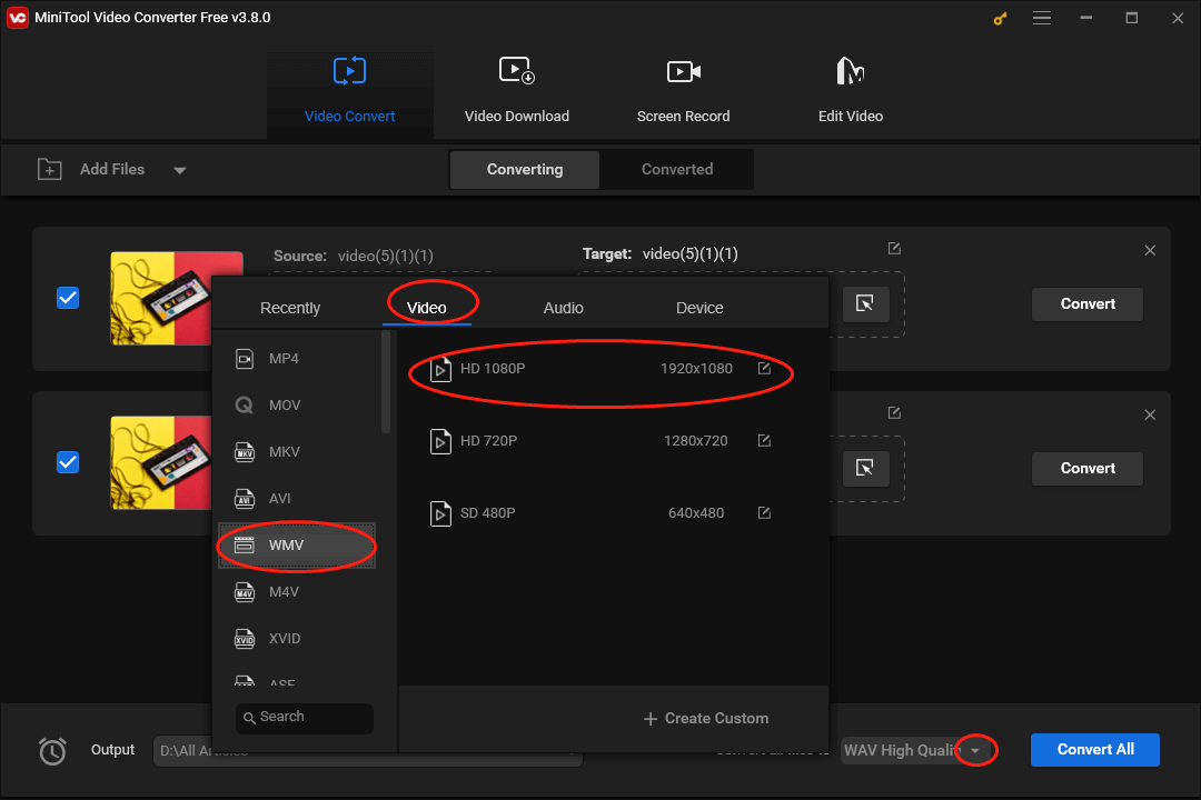 Expand the Convert all files to option in MiniTool Video Converter and click on WMV HD 1080P to set the output format