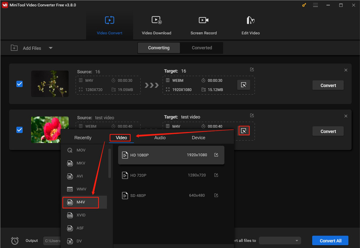 Choose M4V as the output format in MiniTool Video Converter