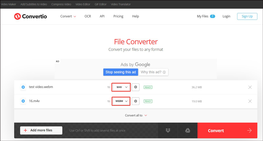 Make the WebM to M4V and M4V to WebM conversions in Convertio