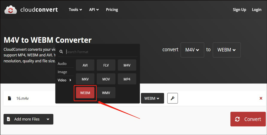 Choose WEBM as the output format in CloudConvert