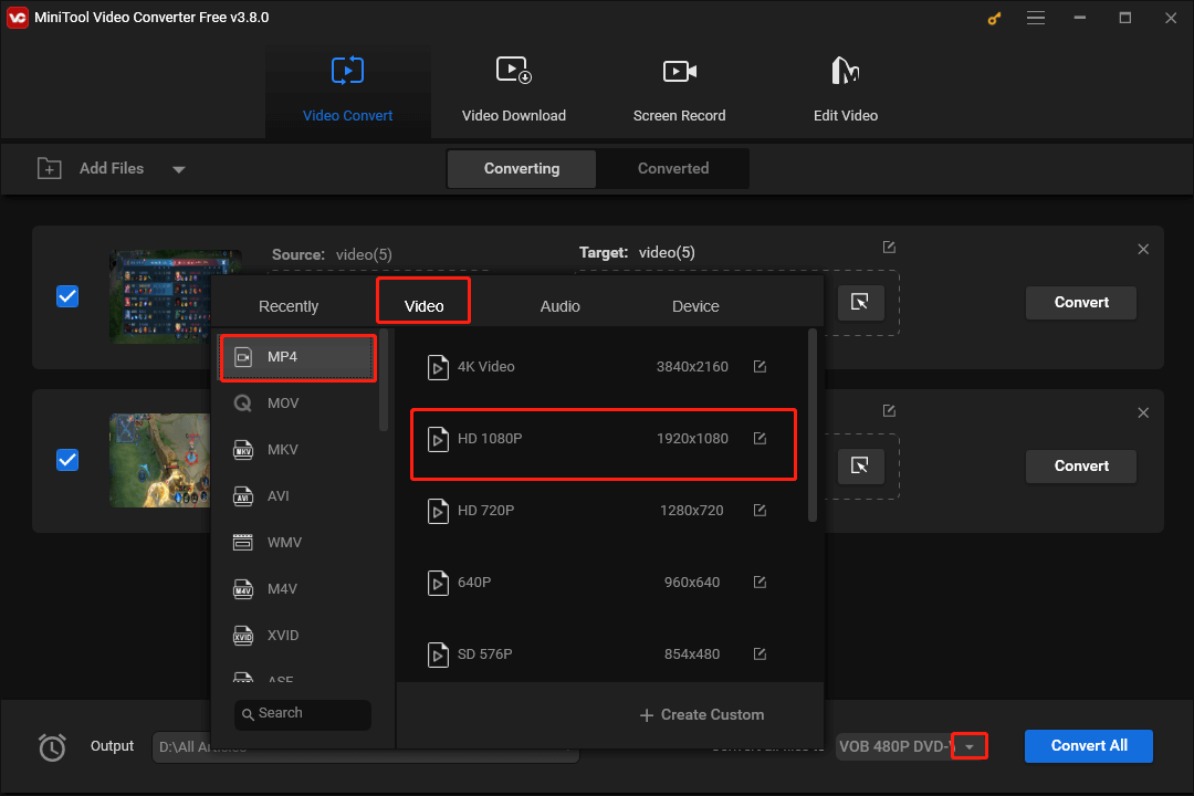 Expand the Convert all files to option in MiniTool Video Converter to enter the output format window and choose MP4 HD 1080P as a uniform output format