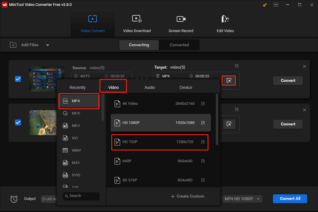 Click on the Edit icon in the Target section of MiniTool Video Converter to access the output format window and set MP4 HD 720P as the output format of a single file