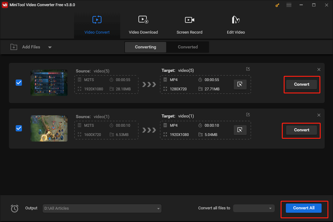 Click on the Convert or Convert All button in MiniTool Video Converter to begin the file conversion