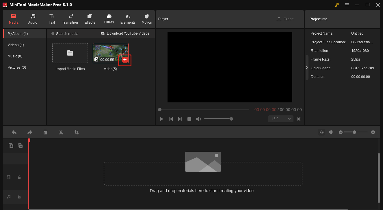 Click on the plus icon in MiniTool MovieMaker to add your video file to the timeline