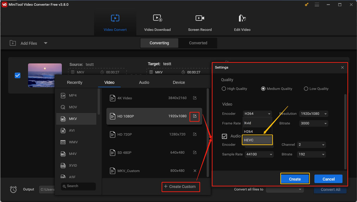 HEVC im Einstellungsfenster als Videoencoder festlegen