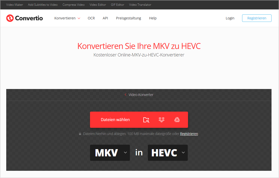 MKV mit Convertio in HEVC konvertieren