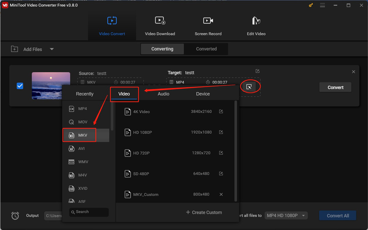 Hit the diagonal arrow in the Target box of MiniTool Video Converter and choose MKV as the output format under the Video tab