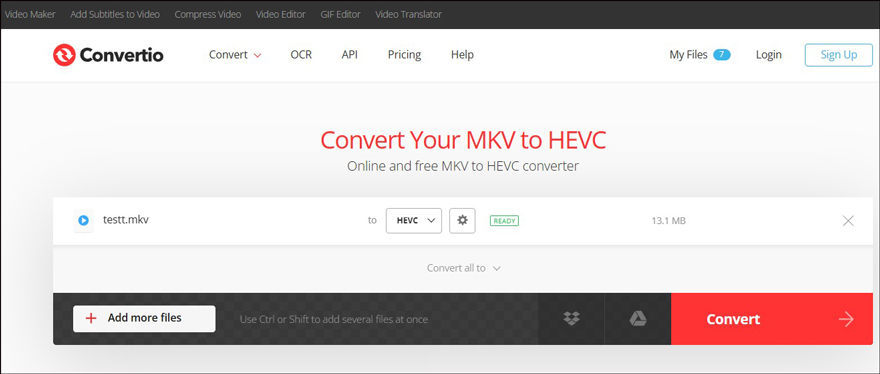 Convert MKV to HEVC via Convertio