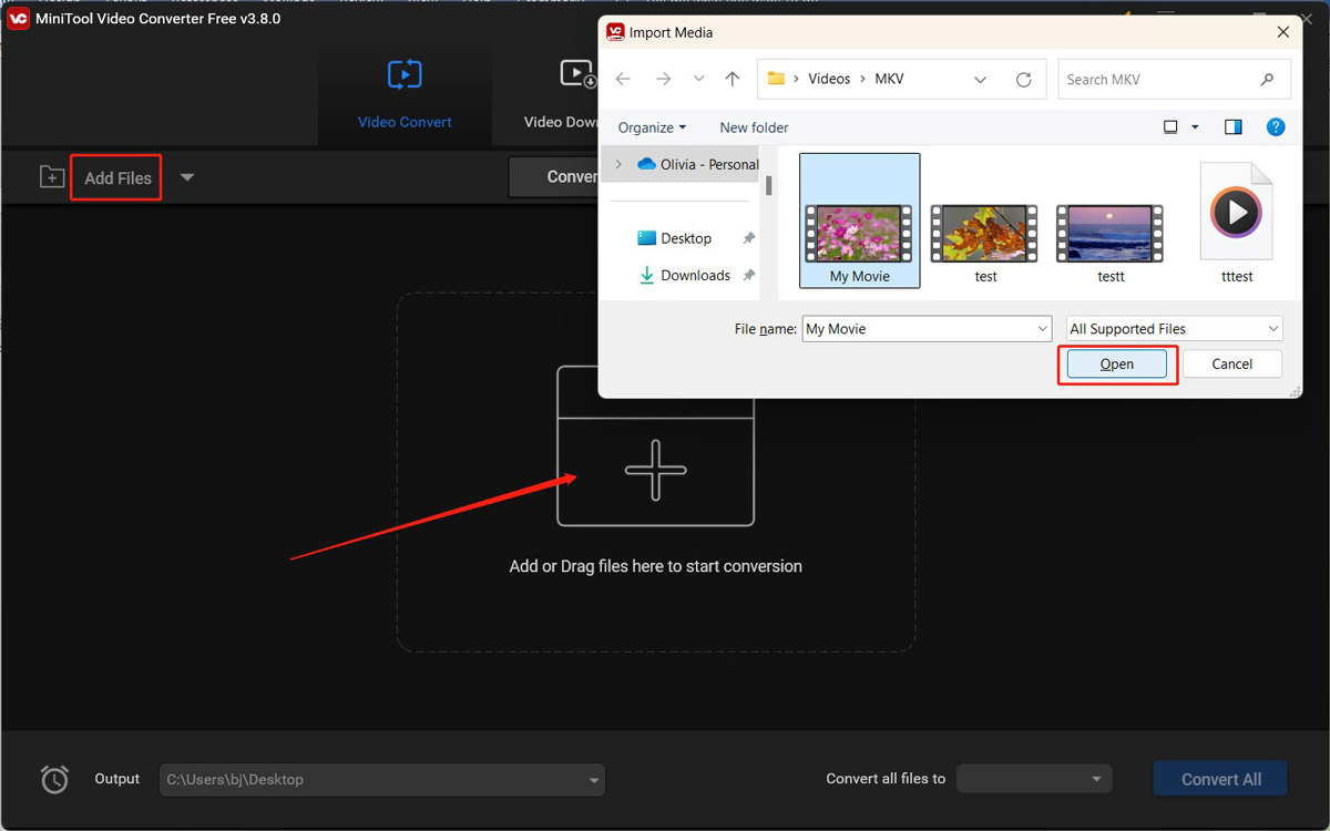 Click Add Files or the Add or Drag files here to start conversion area to import the target MKV video into MiniTool Video Converter