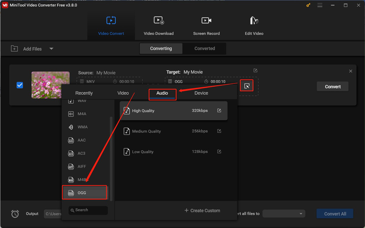 Click the diagonal arrow to access the output format window of MiniTool Video Converter and choose OGG under the Audio tab