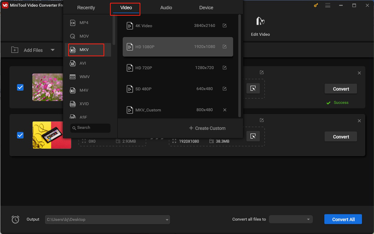 Navigate to the Video tab and choose MKV as the target output format in MiniTool Video Converter