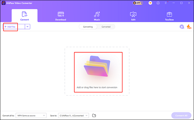 Click the Add Files button to add the MPA file for format conversion in HitPaw Video Converter