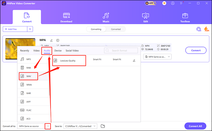 Choose WAV as the output format for conversion in HitPaw Video Converter