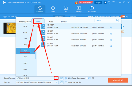 Select FLV as the output format for conversion in Tipard Video Converter Ultimate