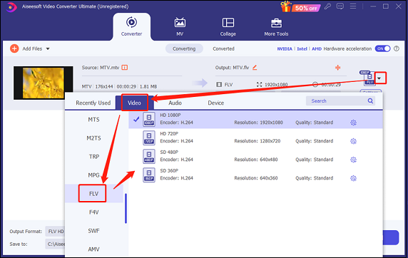 Choose FLV as the output format for conversion in Aiseesoft Video Converter Ultimate