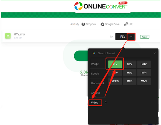 Choose FLV as the output format for conversion in Online-Convert