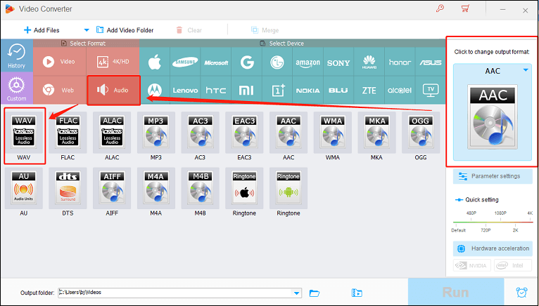 Choose WAV as the output format in HD Video Converter Factory Pro for format conversion